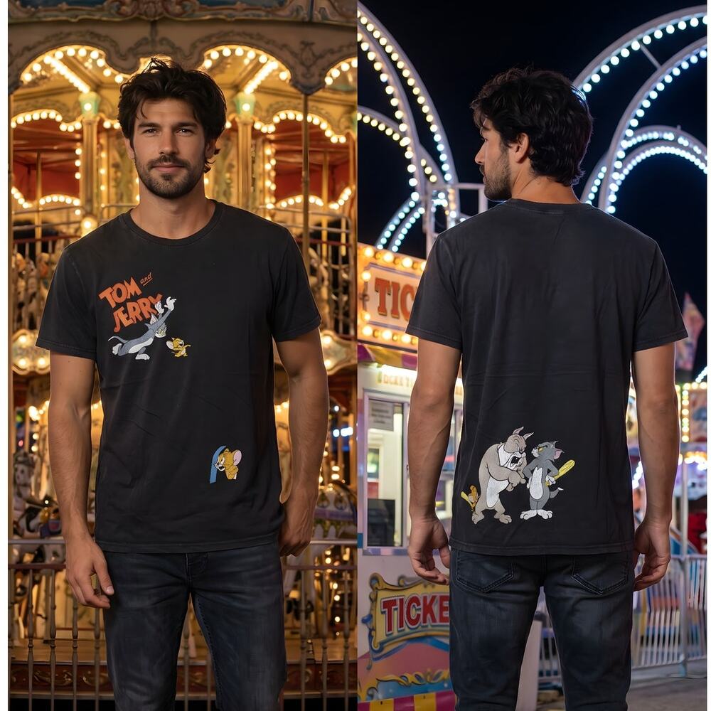 Tom & Jerry Cartoon Shirt Men’s Medium 40 Chest Black Distressed Graphic Tee